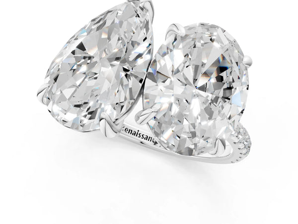 Platinum Oval and Pear Toi Moi Ring with Prong Setting and Micro Pave Band