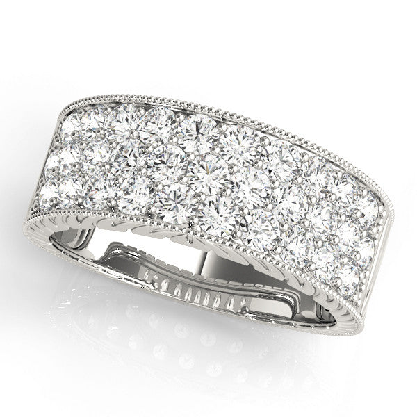 Silver Pavé Round Diamond Wide Band with Milgrain Edge