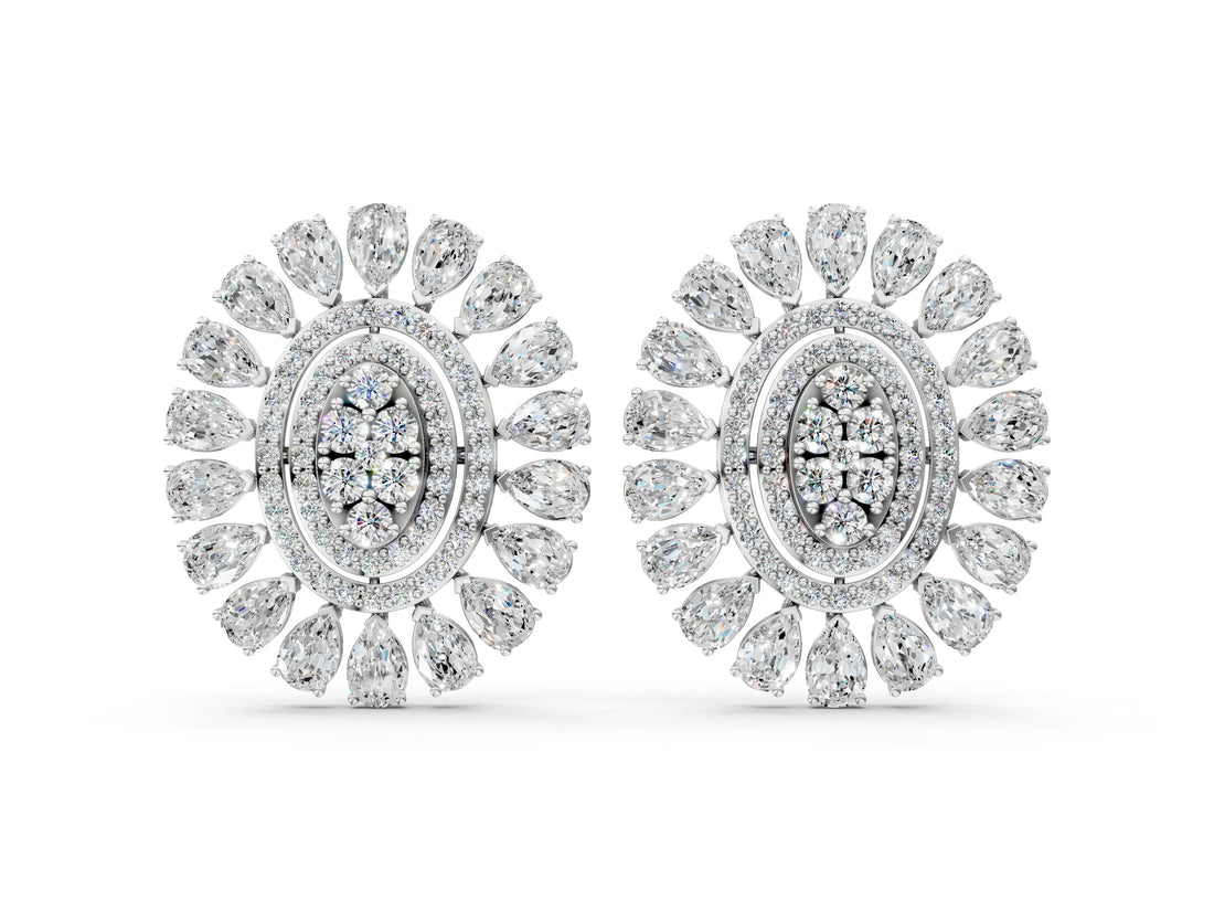 Platinum Pear Blue Sapphire Halo Stud Earrings with Round Diamond Cluster Center_94