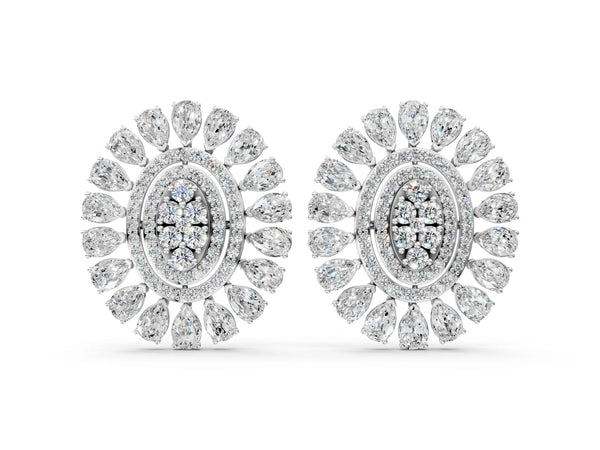 Platinum Pear Blue Sapphire Halo Stud Earrings with Round Diamond Cluster Center