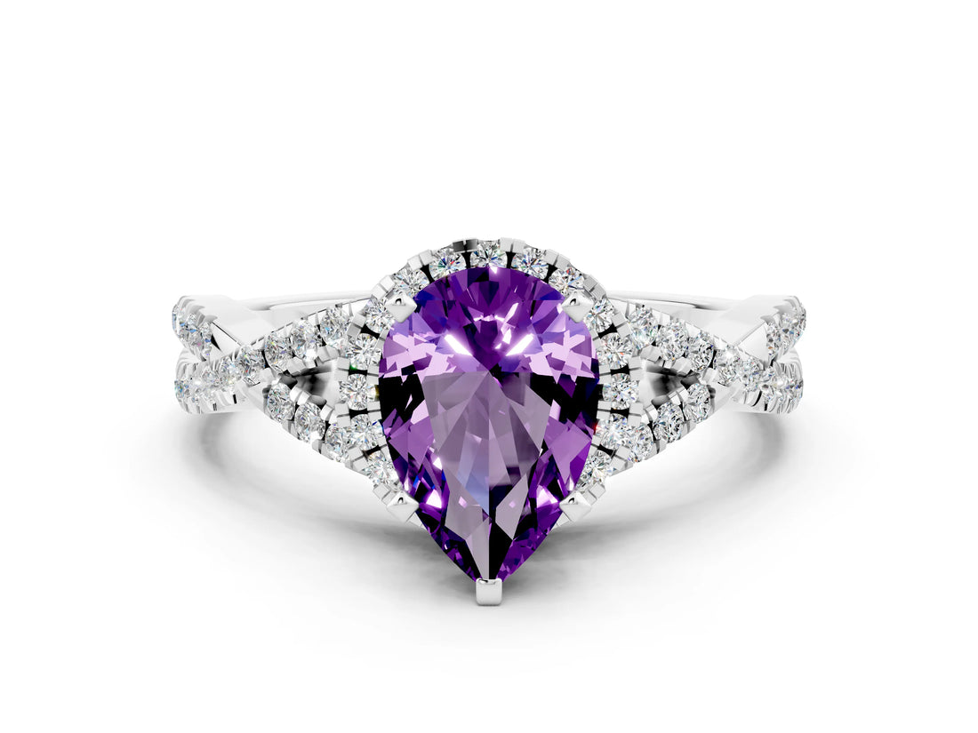 Platinum Pear Cut Amethyst  Halo Twist Band Solitaire Prong Setting Ring_12