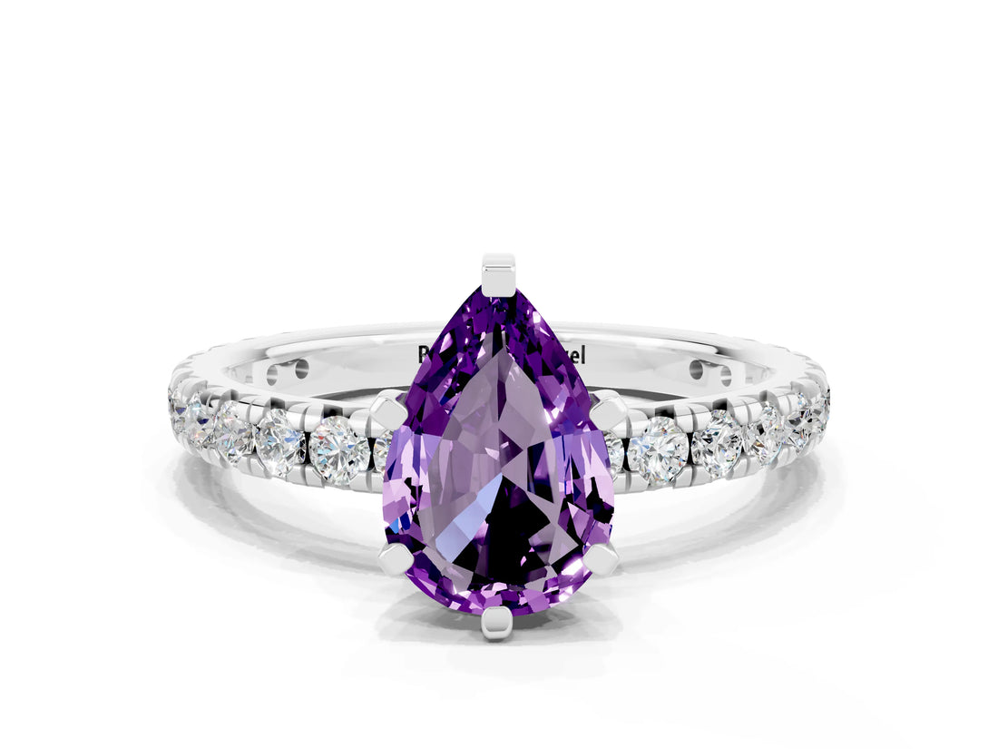 Platinum Pear Cut Amethyst Pavé Solitaire Ring with Round Band and Prong Setting_42