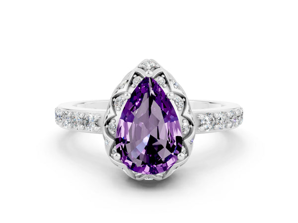 Platinum Pear Cut Amethyst Scalloped Halo Engagement Ring with Round Shared Prong Band