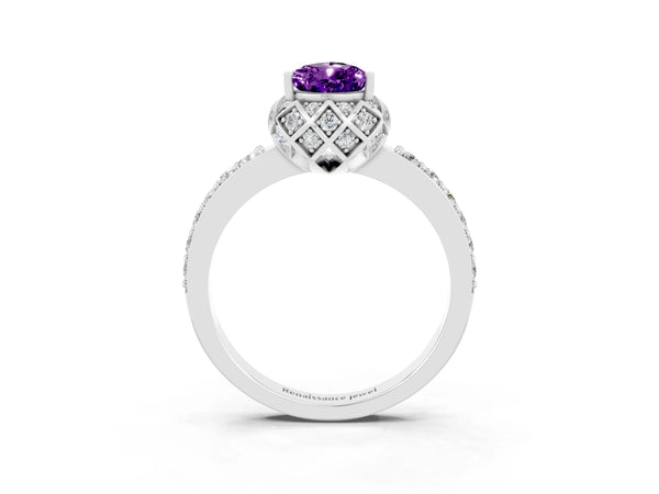 Platinum Pear Cut Amethyst Scalloped Halo Engagement Ring with Round Shared Prong Band
