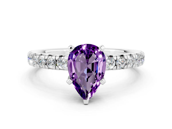 Platinum Pear Cut Amethyst Solitaire Pavé Engagement Ring with Round Band and Prong Setting