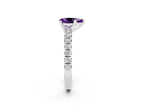 Platinum Pear Cut Amethyst Solitaire Pavé Engagement Ring with Round Band and Prong Setting