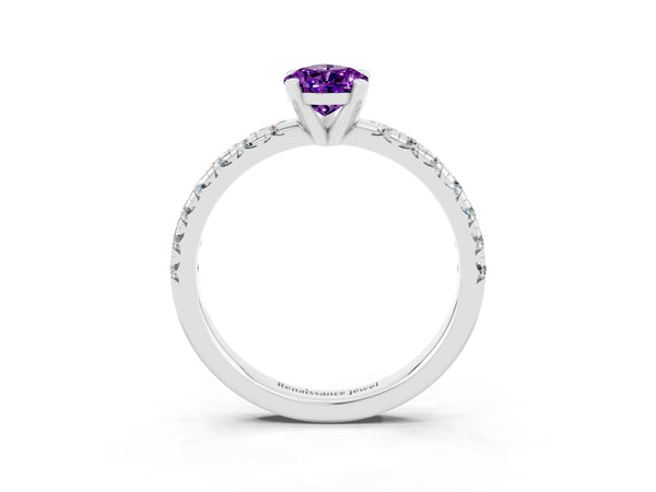 Platinum Pear Cut Amethyst Solitaire Pavé Engagement Ring with Round Band and Prong Setting