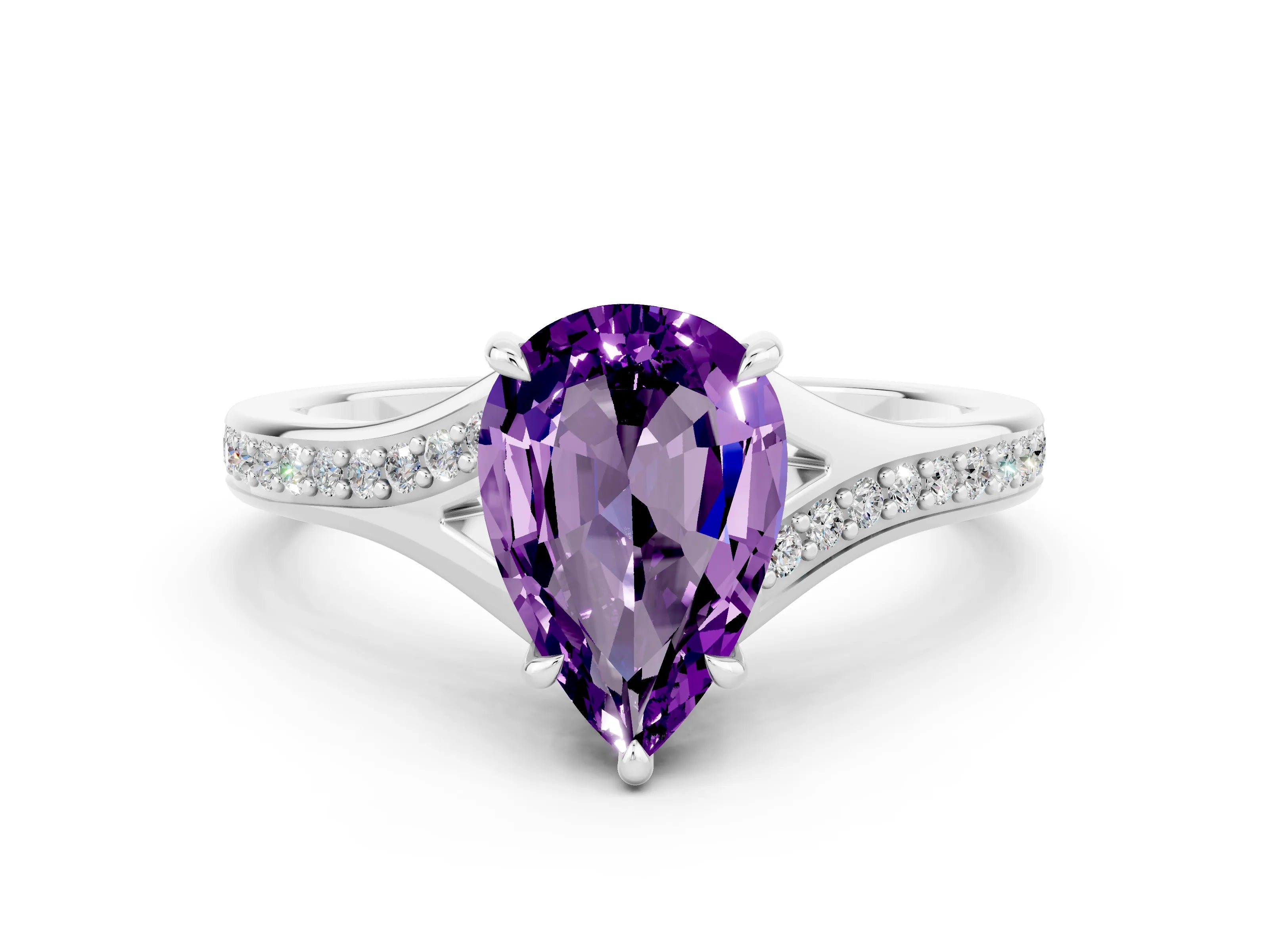 Platinum Pear Cut Amethyst Solitaire Ring with Pavé Band and Prong Setting_12