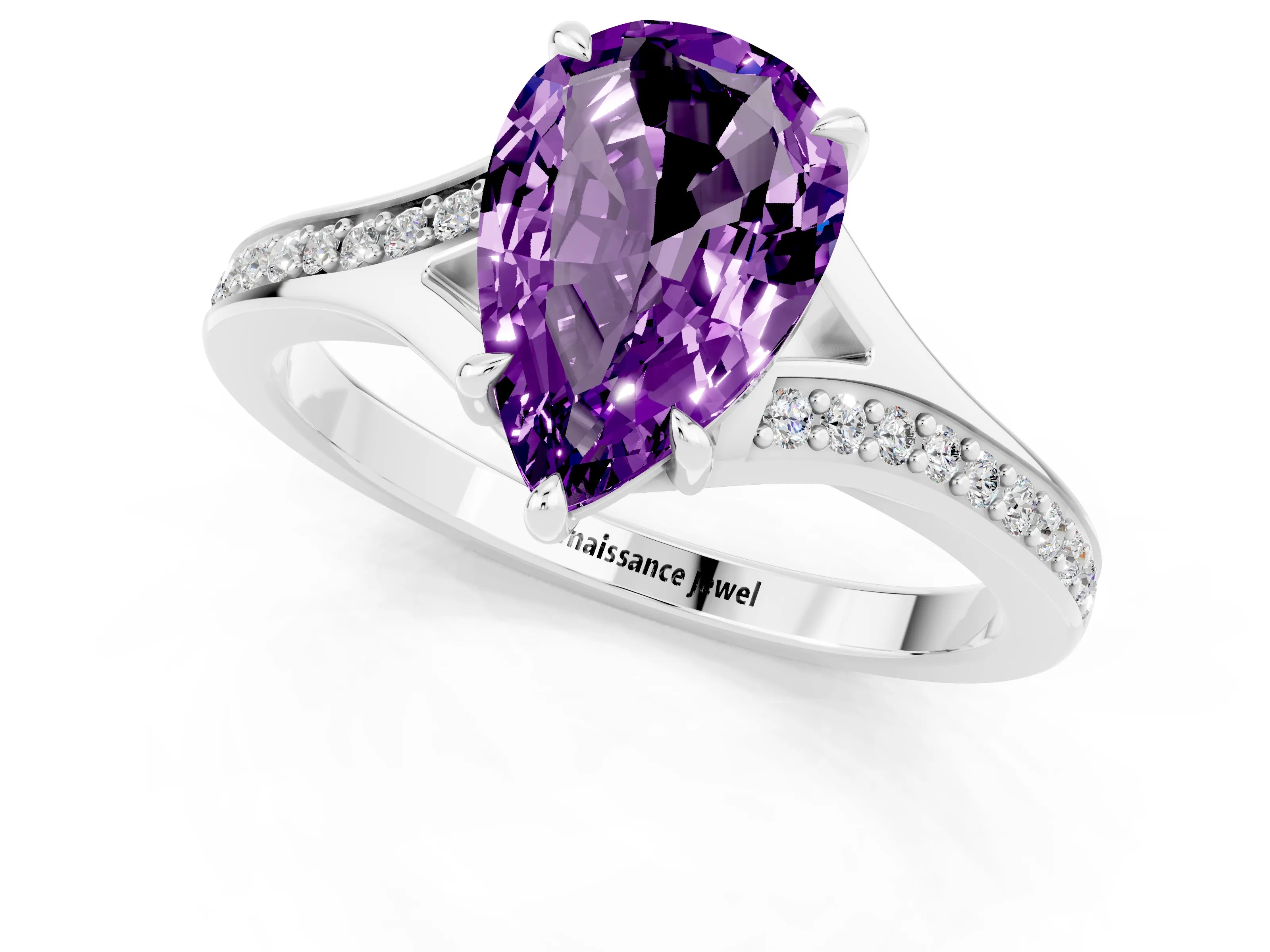 Platinum Pear Cut Amethyst Solitaire Ring with Pavé Band and Prong Setting_13