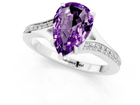 Platinum Pear Cut Amethyst Solitaire Ring with Pavé Band and Prong Setting_13