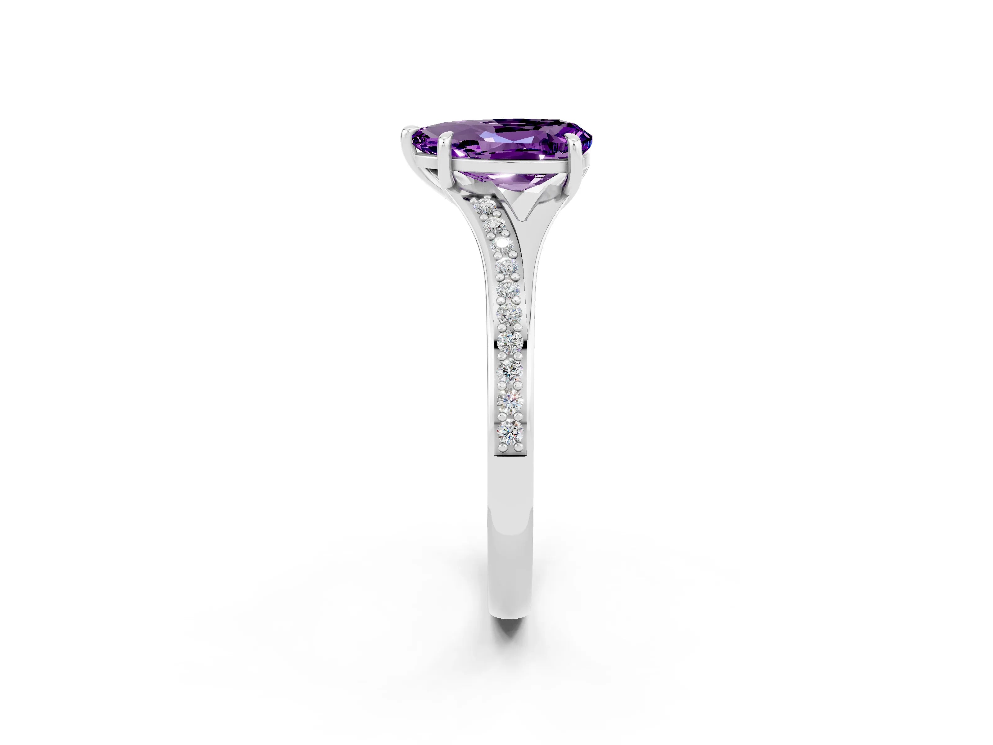 Platinum Pear Cut Amethyst Solitaire Ring with Pavé Band and Prong Setting_14
