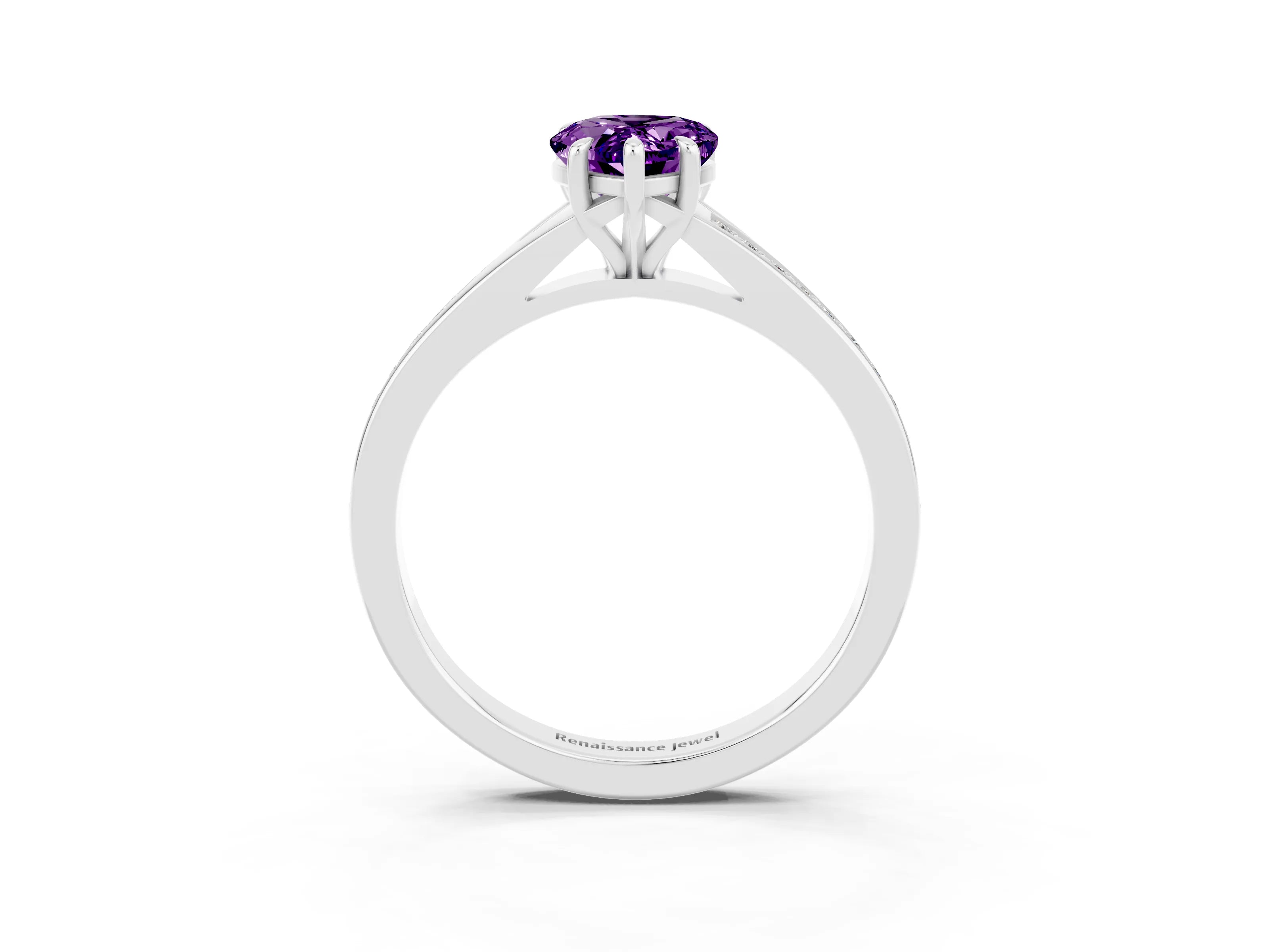 Platinum Pear Cut Amethyst Solitaire Ring with Pavé Band and Prong Setting_15