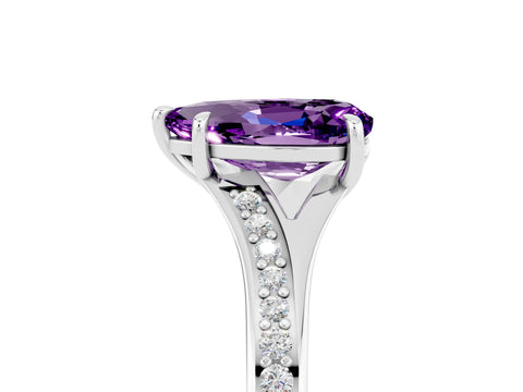 Platinum Pear Cut Amethyst Solitaire Ring with Pavé Band and Prong Setting_17