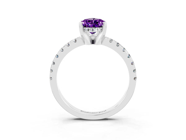 Platinum Pear-Shaped Amethyst Hidden Halo Engagement Ring with Pave Band