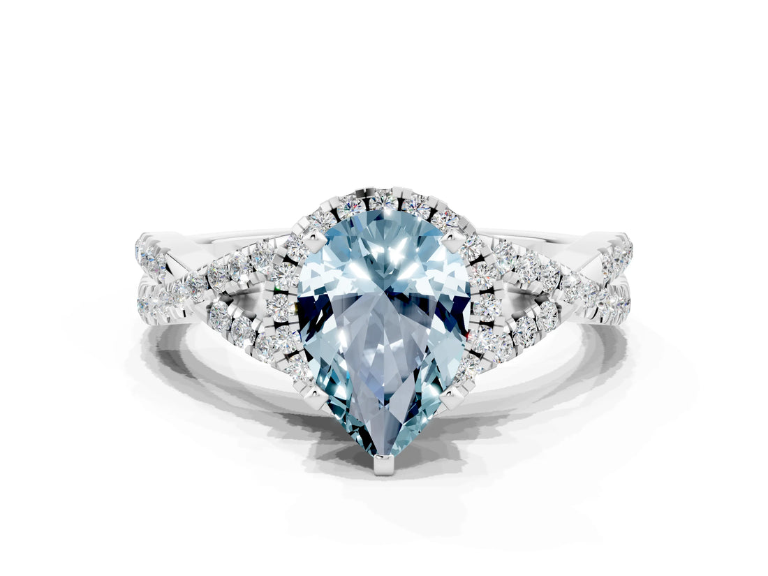 Platinum Pear Cut Aquamarine  Halo Twist Band Solitaire Prong Setting Ring_12