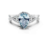 Platinum Pear Cut Aquamarine  Halo Twist Band Solitaire Prong Setting Ring_12