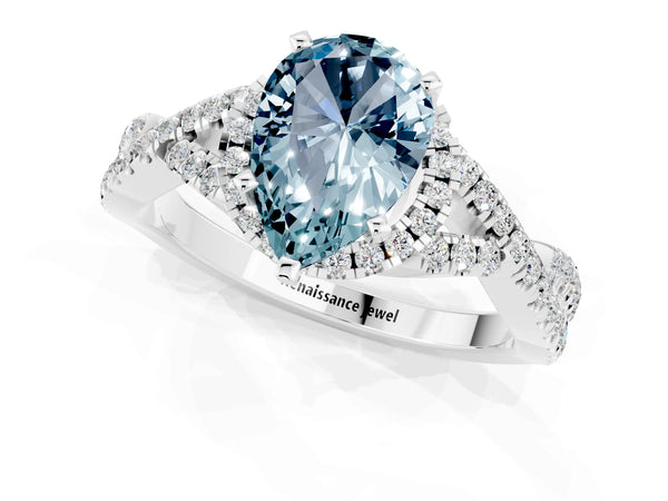 Platinum Pear Cut Aquamarine  Halo Twist Band Solitaire Prong Setting Ring
