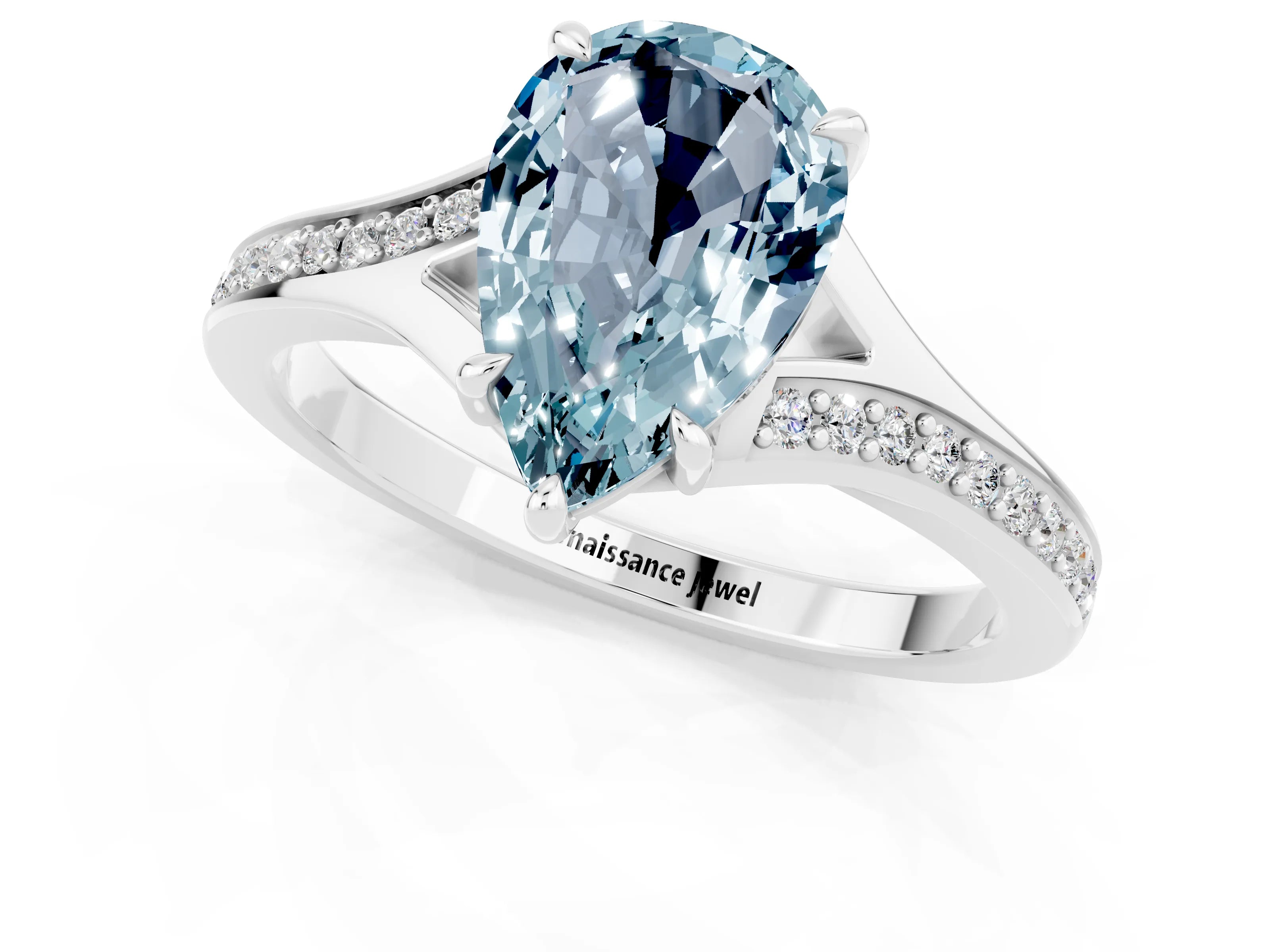 Platinum Pear Cut Aquamarine Solitaire Ring with Pavé Band and Prong Setting_13
