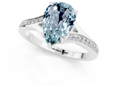 Platinum Pear Cut Aquamarine Solitaire Ring with Pavé Band and Prong Setting_13