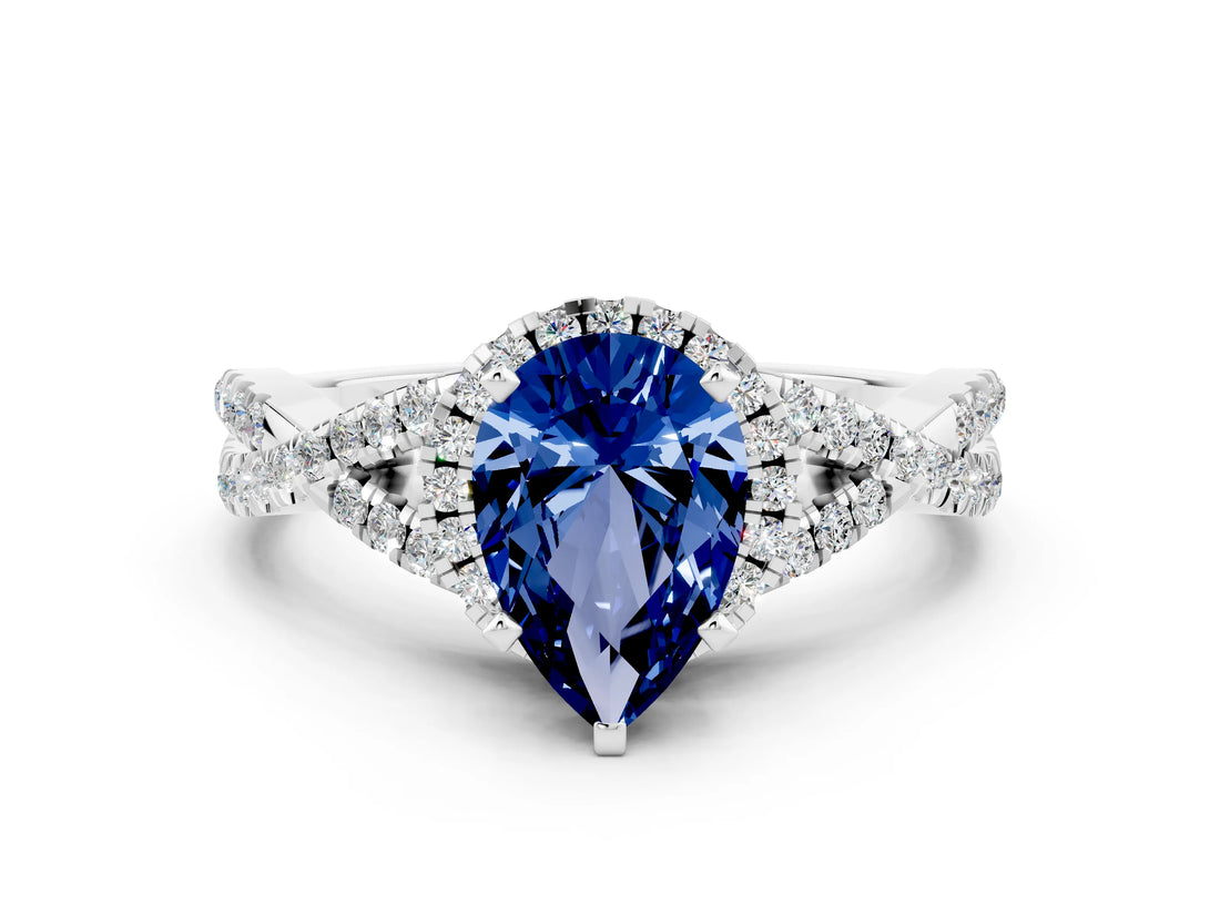 Platinum Pear Cut Blue Sapphire  Halo Twist Band Solitaire Prong Setting Ring_12