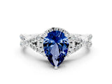 Platinum Pear Cut Blue Sapphire  Halo Twist Band Solitaire Prong Setting Ring_12