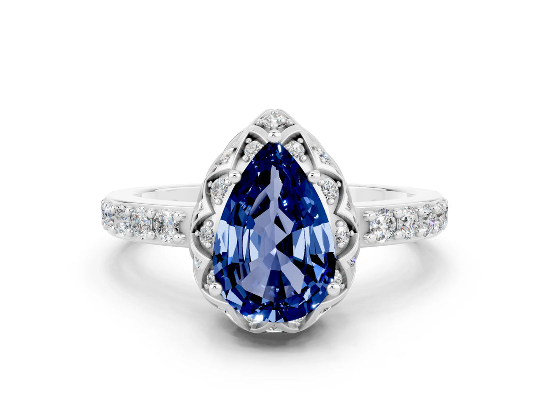 Platinum Pear Cut Blue Sapphire Scalloped Halo Engagement Ring with Round Shared Prong Band_108