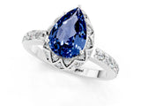 Platinum Pear Cut Blue Sapphire Scalloped Halo Engagement Ring with Round Shared Prong Band_109