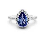 Platinum Pear Cut Blue Sapphire Scalloped Halo Engagement Ring with Round Shared Prong Band_84