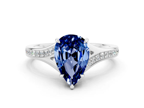 Platinum Pear Cut Blue Sapphire Solitaire Ring with Pavé Band and Prong Setting_12