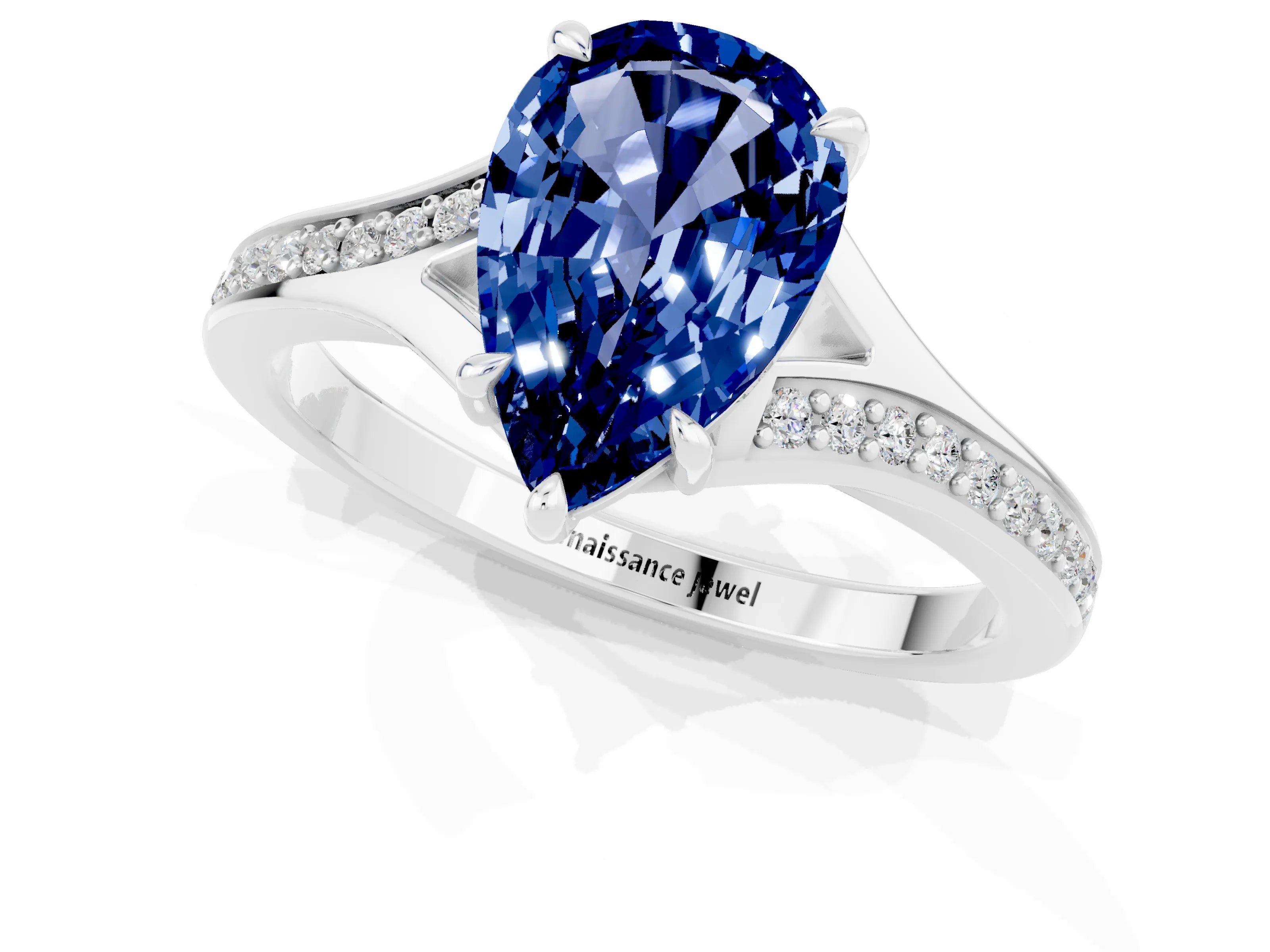 Platinum Pear Cut Blue Sapphire Solitaire Ring with Pavé Band and Prong Setting_13