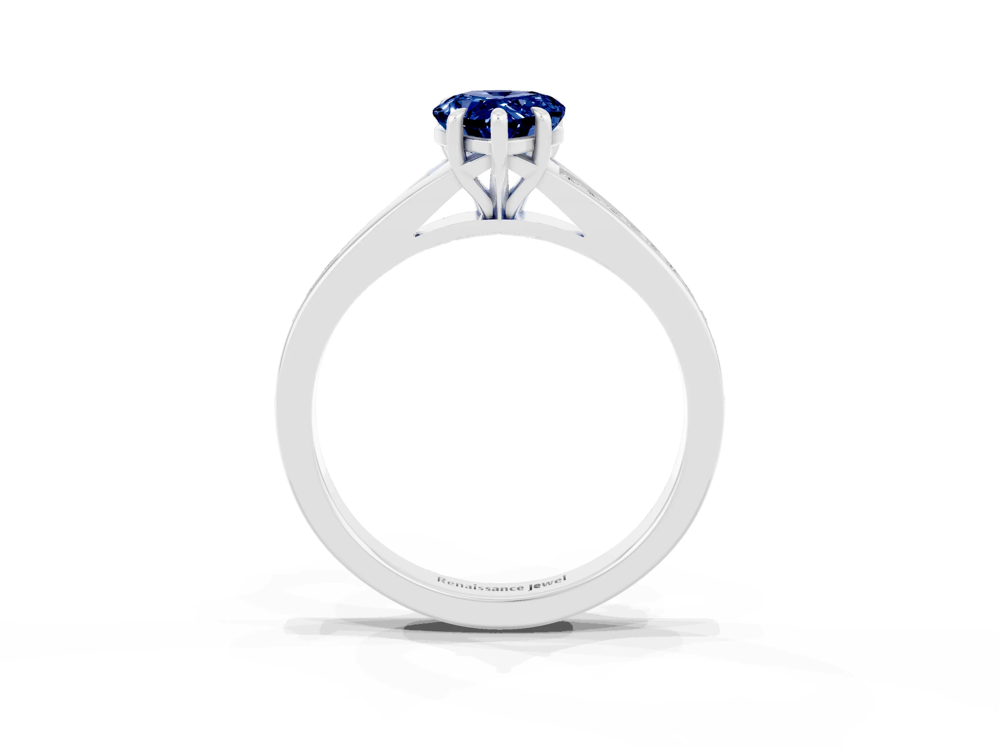 Platinum Pear Cut Blue Sapphire Solitaire Ring with Pavé Band and Prong Setting_15