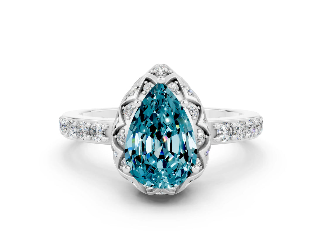 Platinum Pear Cut Blue Topaz Scalloped Halo Engagement Ring with Round Shared Prong Band_108