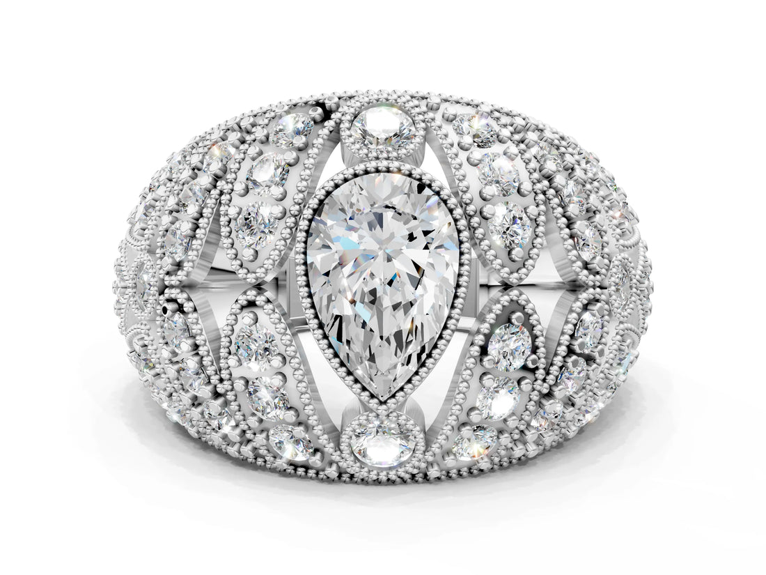 Platinum Pear Cut Brilliant Halo Pave Diamond Milgrain Ring_13