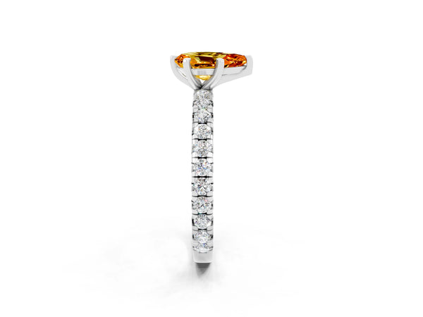 Platinum Pear Cut Citrine Pavé Solitaire Ring with Round Band and Prong Setting