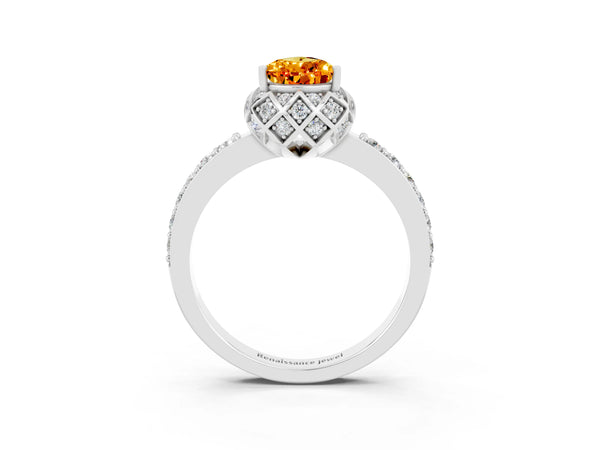 Platinum Pear Cut Citrine Scalloped Halo Engagement Ring with Round Shared Prong Band