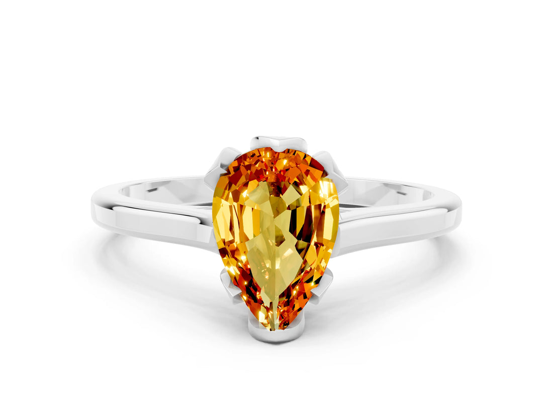 Platinum Pear Cut Citrine Solitaire Ring with Flower Prong Setting and Classic Band_12