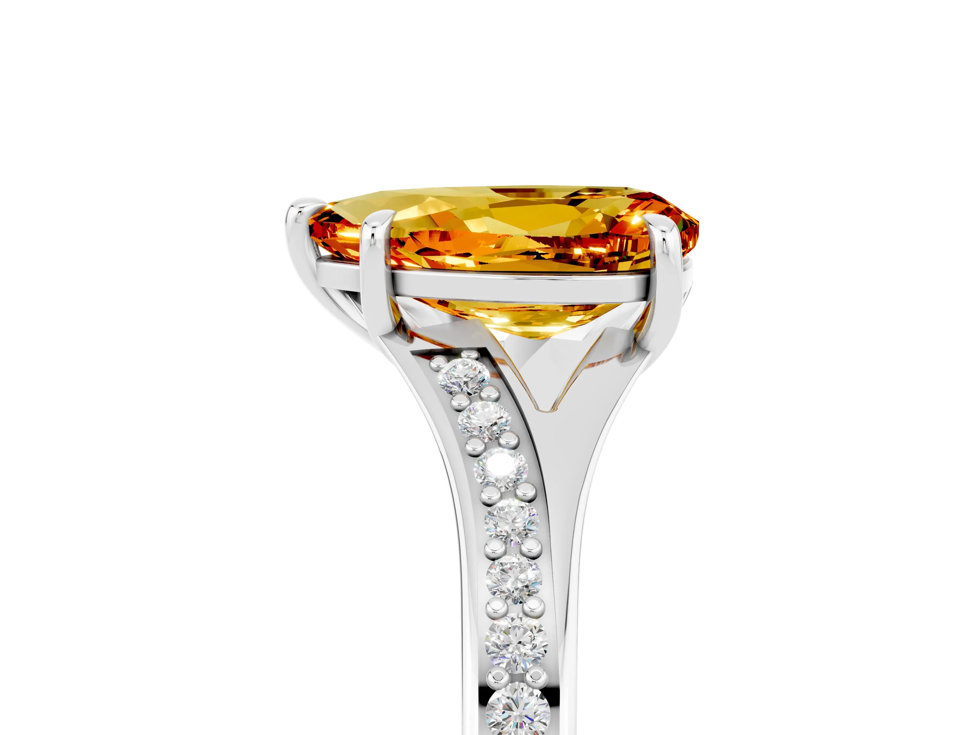 Platinum Pear Cut Citrine Solitaire Ring with Pavé Band and Prong Setting_17