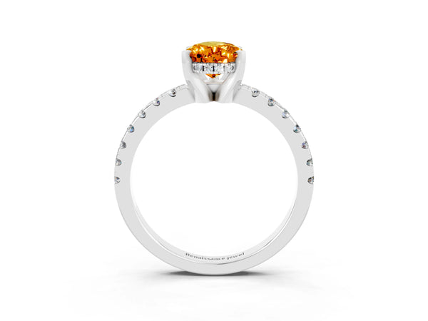 Platinum Pear-Shaped Citrine Hidden Halo Engagement Ring with Pave Band