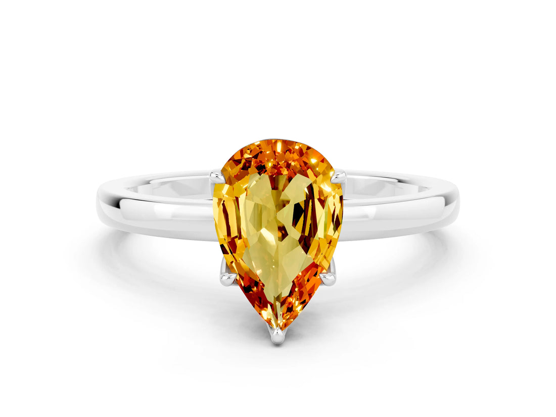 Platinum Pear Cut Citrine Solitaire Ring with Thin Band and Prong Setting_42