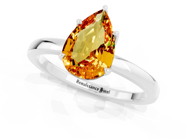 Platinum Pear Cut Citrine Solitaire Ring with Thin Band and Prong Setting