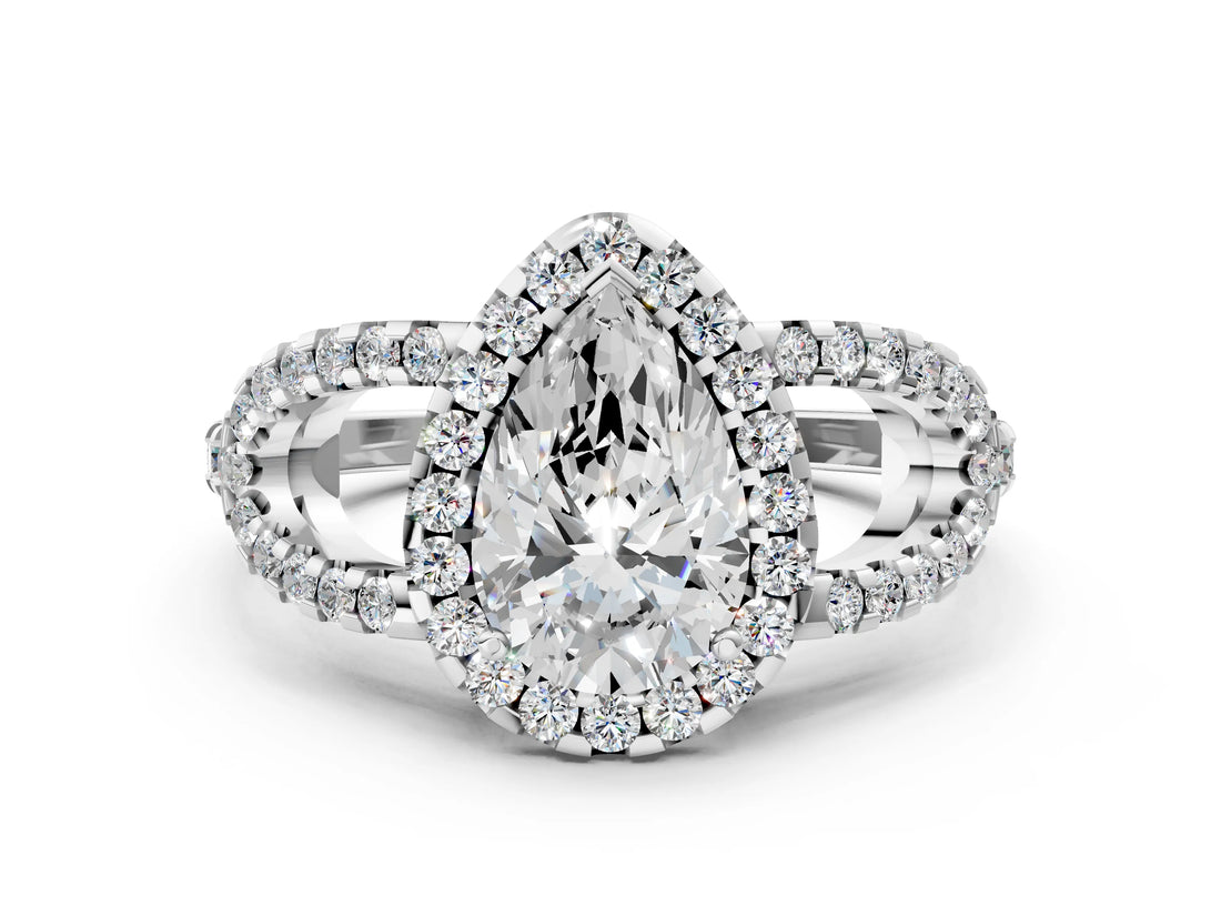Platinum Pear Cut Cut Diamond Halo Engagement Ring with Open Split Pavé Band_13