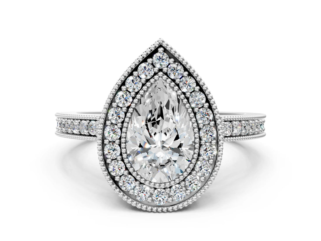 Platinum Pear Cut-Cut Diamond Halo Engagement Ring with Pave Band and Prong Setting_13