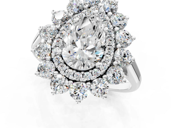 Platinum Pear-Shaped Floral Double Halo Engagement Ring Setting