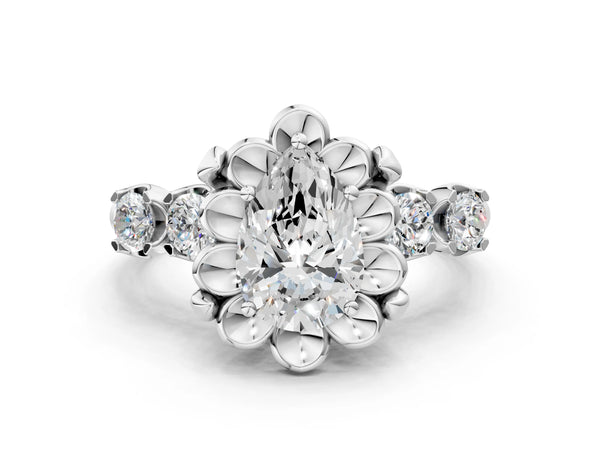 Platinum Pear-Shaped Floral Engagement Ring Setting with Polished Petal Frame and Side Accents