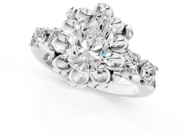 Platinum Pear-Shaped Floral Engagement Ring Setting with Polished Petal Frame and Side Accents