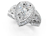 Platinum Pear Cut Diamond Halo Ring with Split Shank and Bezel Accents and Four-Prong Setting_14
