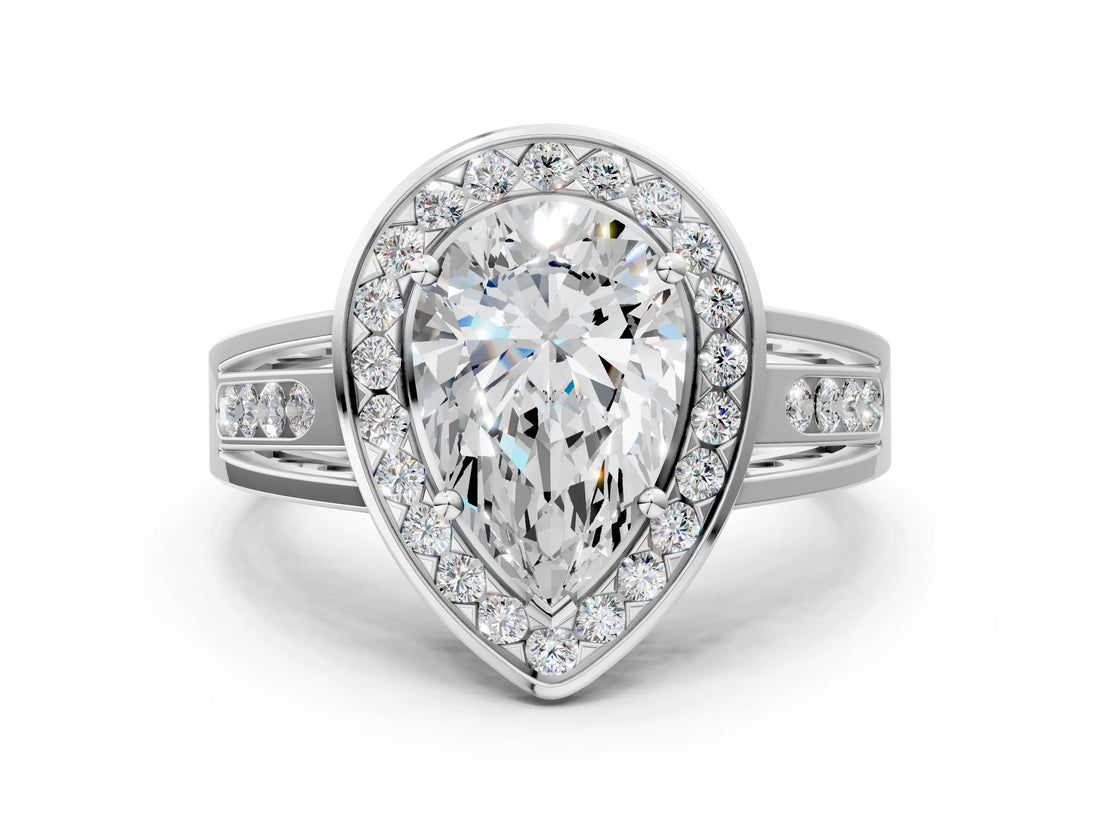 Platinum Pear Cut Diamond Halo Ring with Split Shank and Bezel Accents and Prong Setting_13