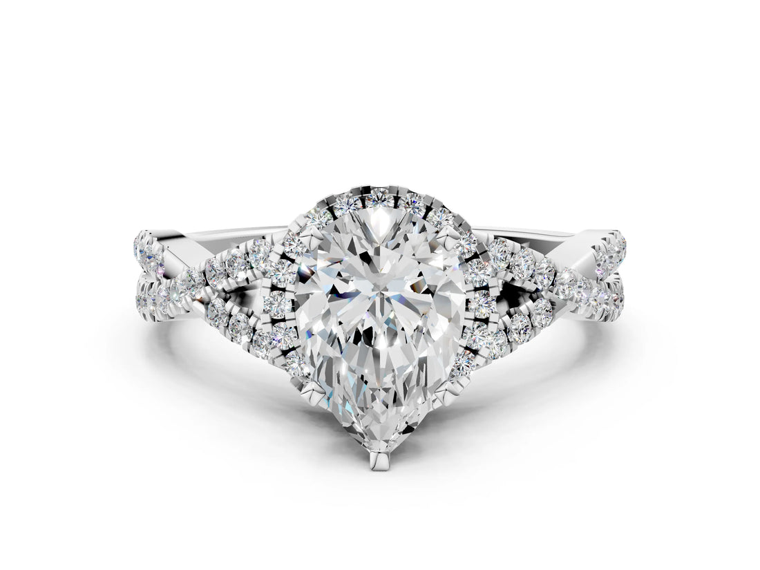 Platinum Pear Cut Diamond  Halo Twist Band Solitaire Prong Setting Ring_12