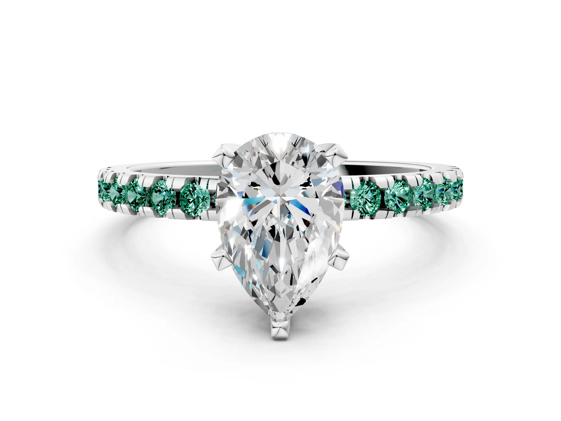 Platinum Pear Cut Diamond Solitaire Ring with Round with Green Sapphire side stone Pavé Band and Four-Prong Setting_12