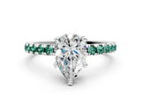 Platinum Pear Cut Diamond Solitaire Ring with Round with Green Sapphire side stone Pavé Band and Four-Prong Setting_12